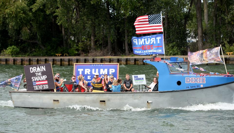Participants prepare for a boat parade in support of President Donald Trump at Presque Isle Bay in Erie on Sept. 6, 2020. The parade started at the Presque Isle Lighthouse and ended at Dobbins Landing.
