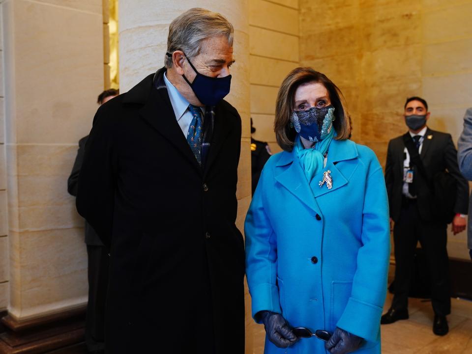 Speaker of the House Nancy Pelosi and her husband ahead of Joe Biden’s arrival at the Capitol for the inauguration ceremonyEPA