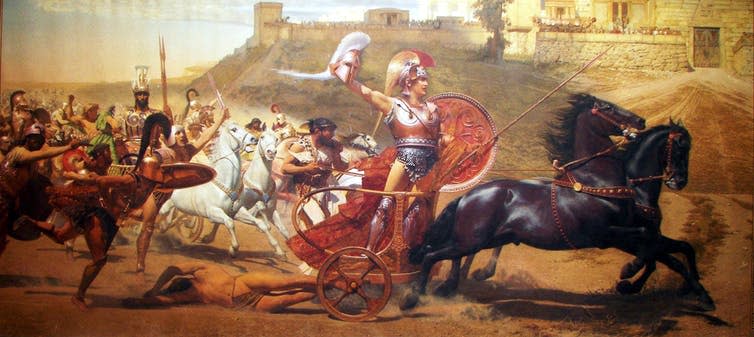 <span class="caption">Franz Matsch, Triumphant Achilles, 1892.</span> <span class="attribution"><a class="link " href="https://en.wikipedia.org/wiki/File:Triumph_of_Achilles_in_Corfu_Achilleion.jpg" rel="nofollow noopener" target="_blank" data-ylk="slk:Wikimedia Commons;elm:context_link;itc:0;sec:content-canvas">Wikimedia Commons</a></span>