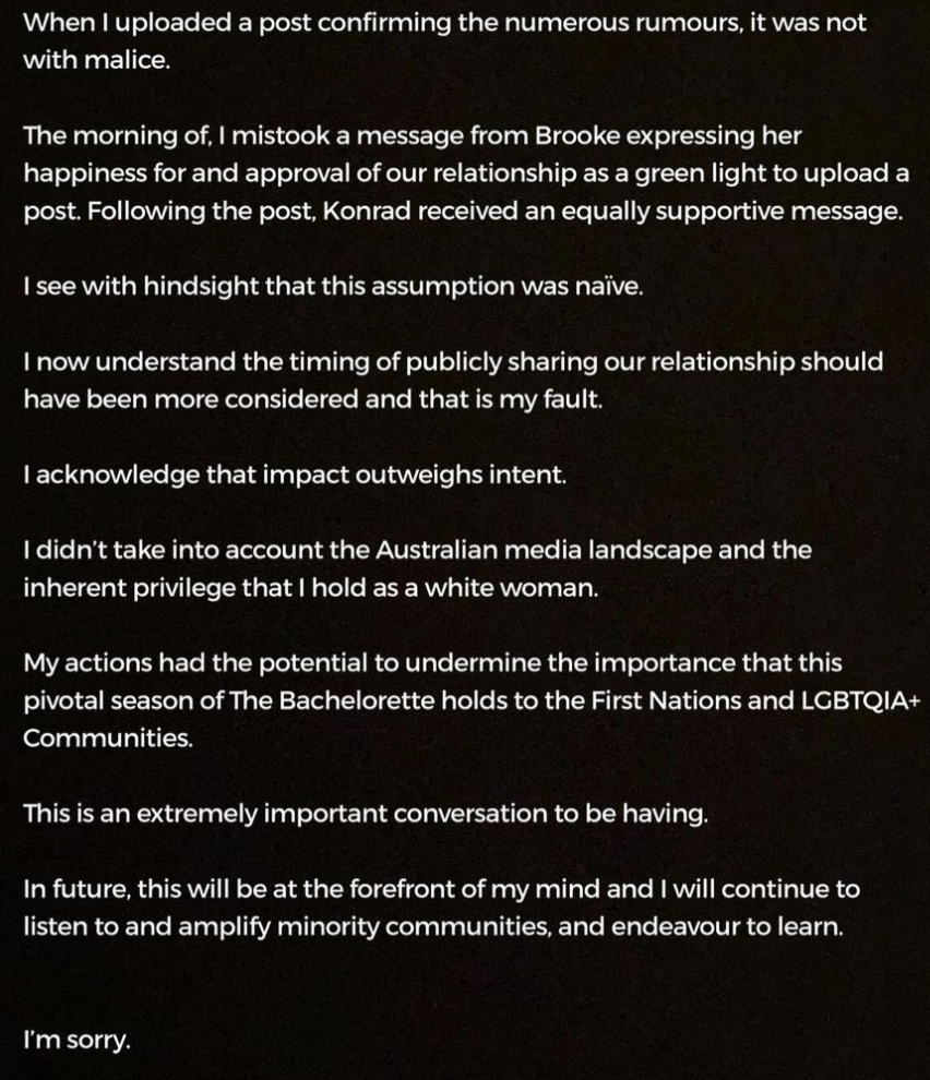 Abbie Chatfield apologises to Brooke Blurton on Instagram