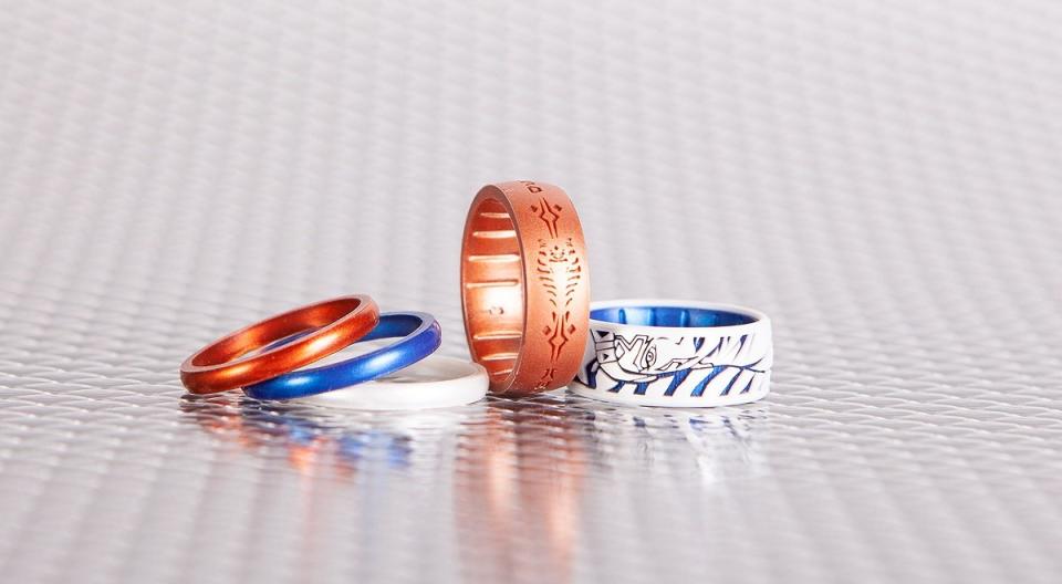 Beauty shot of the Ahsoka Tano ring collection from Enso Rings.