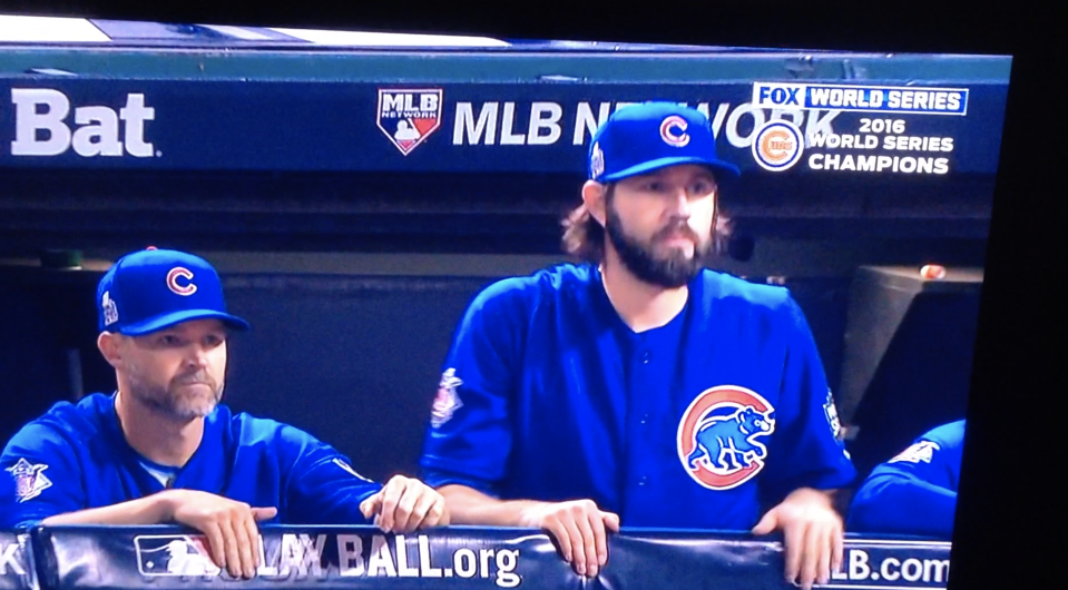 Chicago Cubs catcher David Ross, left, watches before the 2016 World Series Final that saw the Cubs win the title.