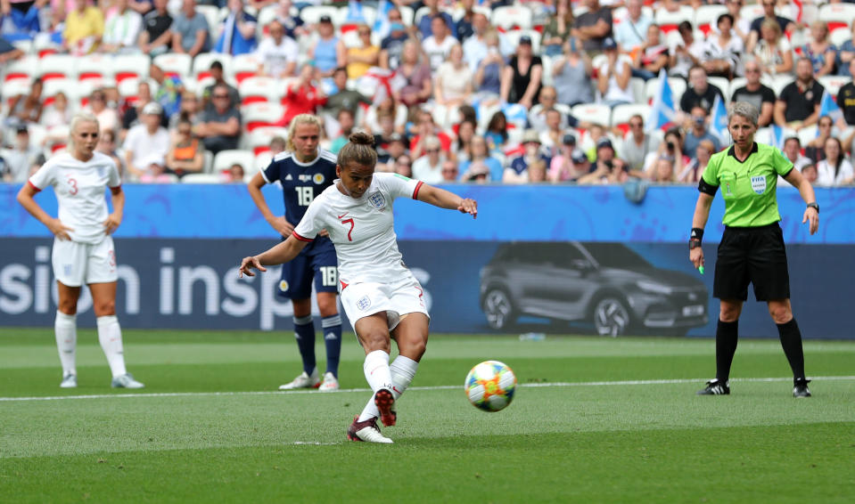 England's Nikita Parris scores her side's first goal of the game during the FIFA Women's World Cup, Group D match at the Stade de Nice. (Photo by Richard Sellers/PA Images via Getty Images)