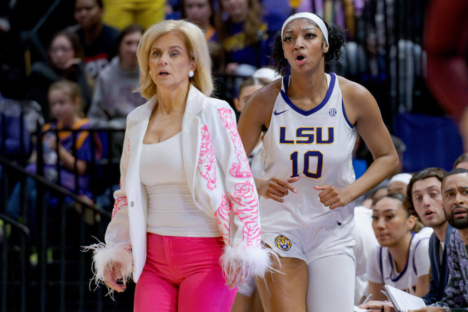 Things seem just fine on the court for Kim Mulkey, Angel Reese and LSU. (Matthew Hinton/Reuters/file photo)