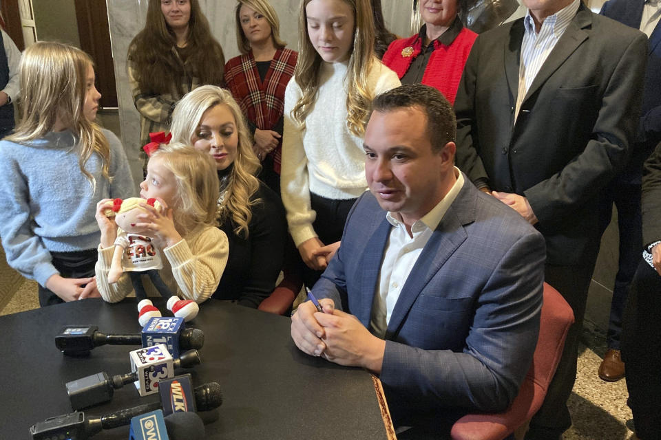 Alan Keck talks to reporters after filing to run for Kentucky governor on Thursday, Jan. 5, 2023, in Frankfort, Ky. Keck is the mayor of Somerset, Ky. (AP Photo/Bruce Schreiner)