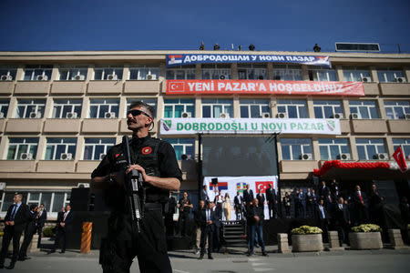 Turkish security personnel stands guard during Serbia's President Aleksandar Vucic and Turkish President Tayyip Erdogan visit to Novi Pazar, Serbia, October 11, 2017. REUTERS/Marko Djurica