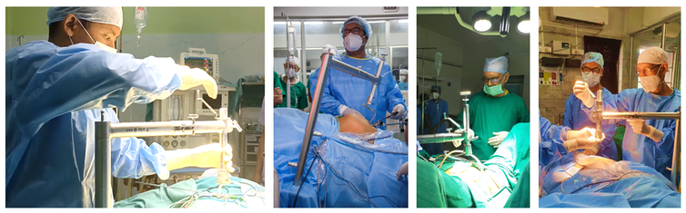 <span class="caption">The RAIS system has been used in clinical centres across India. Pictured left to right; Dr Biju Islary (Crofts Memorial Christian Hospital, Assam), Prof. Anurag Mishra (Maulana Azad Medical College, New Delhi), Dr Jesudian Gnanaraj (SEESHA, Coimbatore), Dr Gordon Rangad (Nazareth Hospital, Shillong)</span> <span class="attribution"><span class="license">Author provided</span></span>