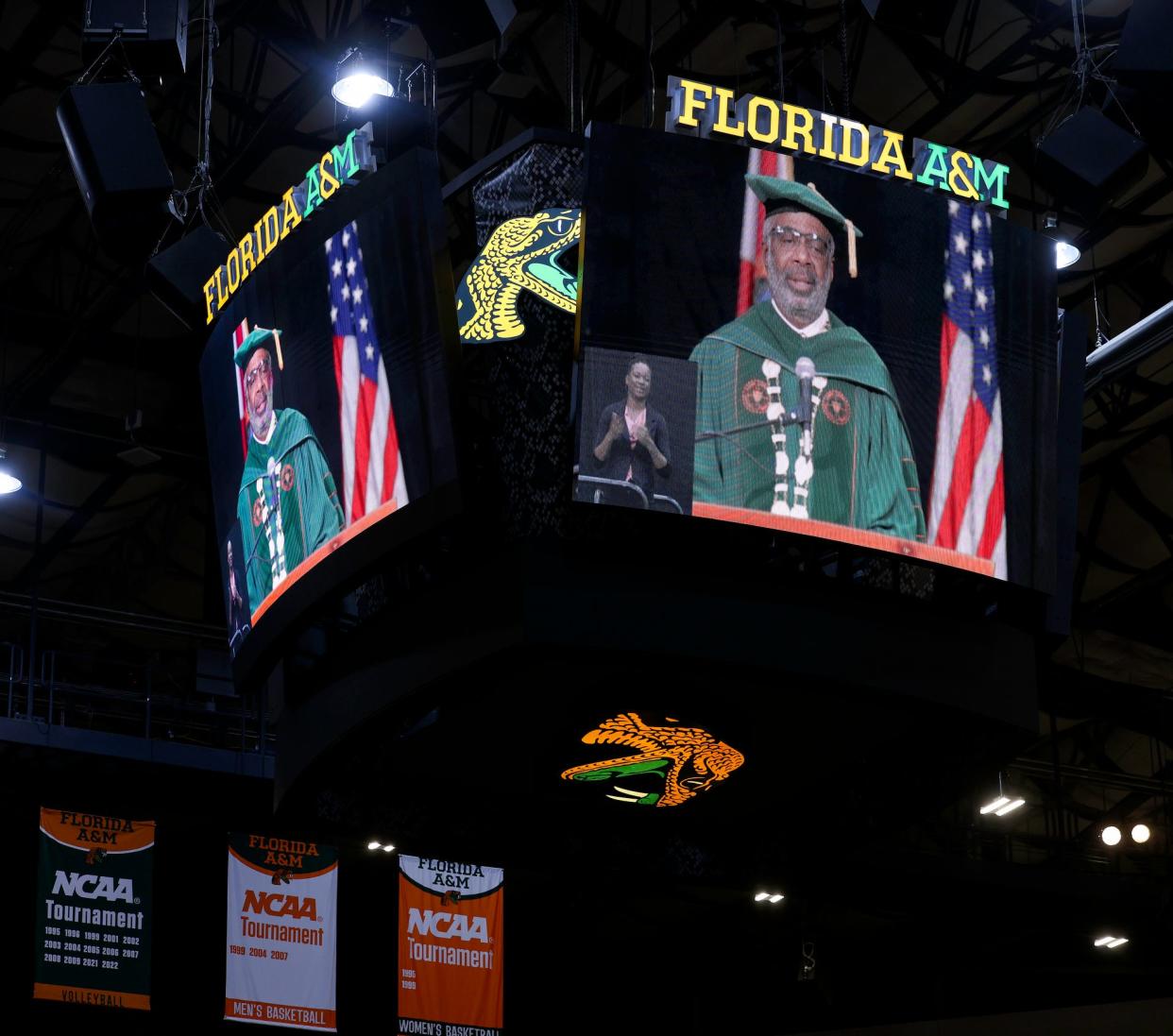 FAMU President Larry Robinson speaks during a fall 2023 commencement ceremony at the Lawson Center.