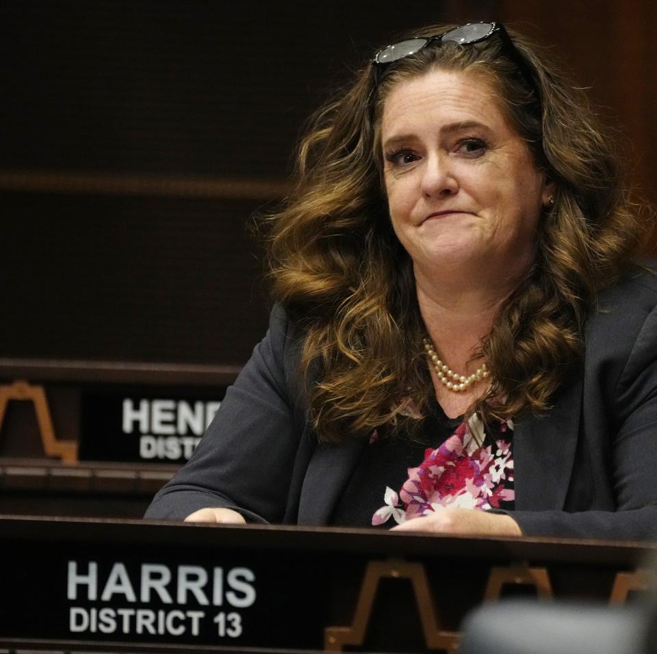 Rep. Liz Harris listens to legislation being read during a session at the Arizona state Capitol in Phoenix on March 21, 2023.