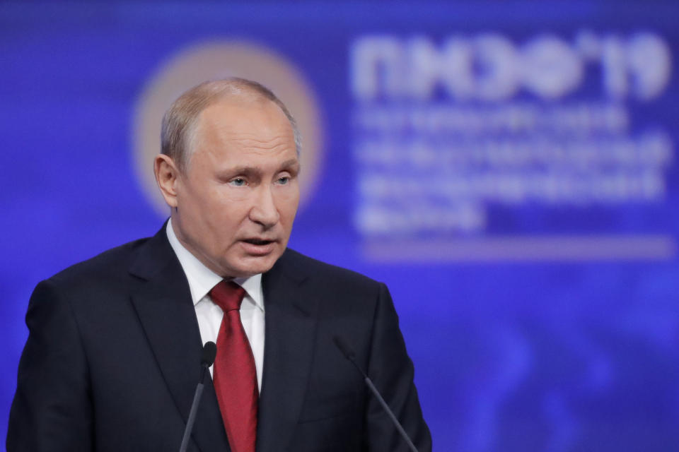 Russian President Vladimir Putin addresses the St. Petersburg International Economic Forum in St. Petersburg, Russia, Friday, June 7, 2019. (AP Photo/Dmitri Lovetsky)