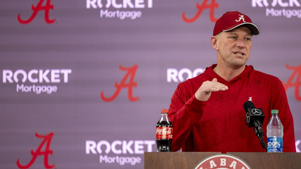 Alabama football head coach Kalen DeBoer talks with the media after Alabama's first spring football practice, Monday, March 4, 2024, in Tuscaloosa, Ala. (AP Photo/Vasha Hunt)