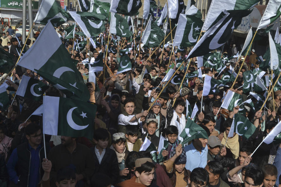 Pakistani rally against India in Quetta, Pakistan, Thursday, Feb. 28, 2019. India and Pakistan exchanged gunfire through the night into Thursday morning in the disputed Himalayan region of Kashmir, a day after Islamabad said it shot down two Indian warplanes and captured a pilot. (AP Photo/Arshad Butt)