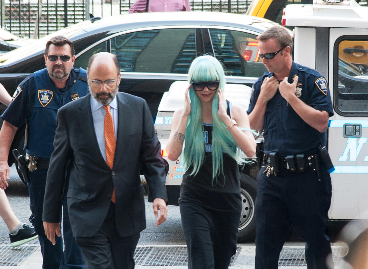 NEW YORK, NY - JULY 09:  Amanda Bynes arrives for  an appearance at Manhattan Criminal Court on July 9, 2013 in New York City. Bynes is facing charges of reckless endangerment, tampering with evidence and criminal possession of marijuana in relation to her arrest on May 23, 2013.  (Photo by Dave Kotinsky/Getty Images)