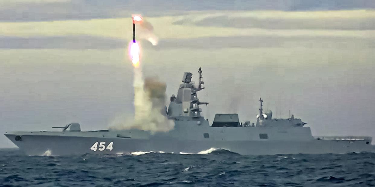 In this image taken from video released by Russian Defense Ministry Press Service on Saturday, May 28, 2022, a new Zircon hypersonic cruise missile is launched by the frigate Admiral Gorshkov of the Russian navy from the Barents Sea.