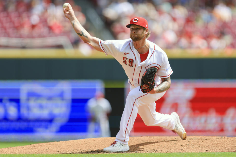 Cincinnati Reds' Ben Lively throws during the second inning of a baseball game against the New York Mets in Cincinnati, Thursday, May 11, 2023. The Reds won 5-0. (AP Photo/Aaron Doster)