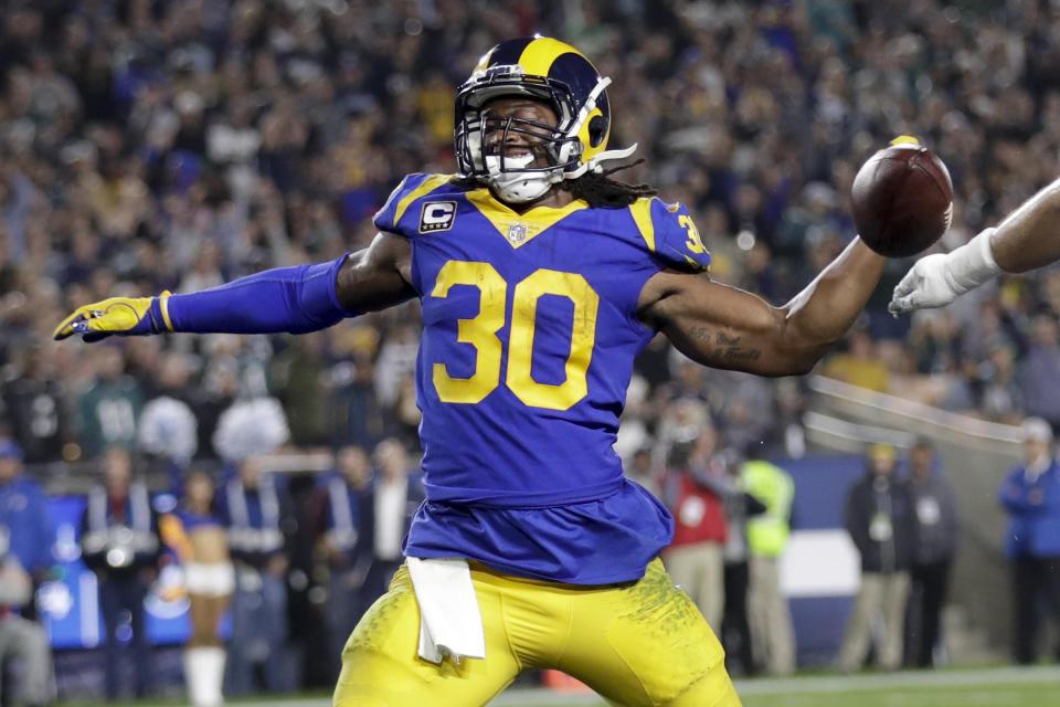 Los Angeles Rams running back Todd Gurley celebrates after scoring against the Philadelphia Eagles during the first half in an NFL football game Sunday, Dec. 16, 2018, in Los Angeles. (AP Photo/Marcio Jose Sanchez)