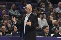 Northwestern coach Chris Collins gestures to the officials during the second half of the team's NCAA college basketball game against Iowa, Tuesday, Jan. 14, 2020, in Evanston, Ill. (AP Photo/David Banks)