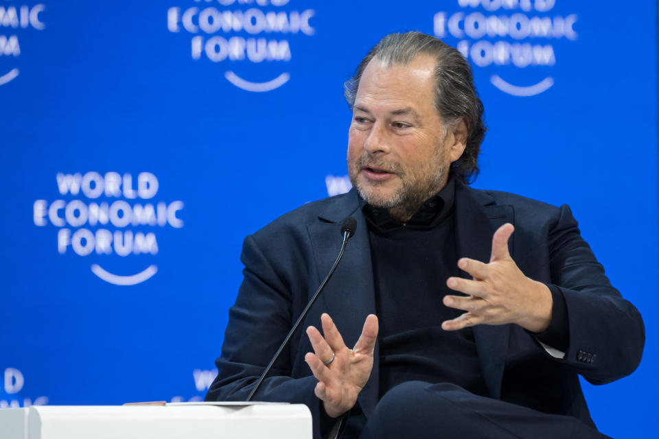 Salesforce chair and CEO Marc Benioff gestures during a session of the World Economic Forum (WEF) meeting in Davos on January 18, 2024. (Photo by Fabrice COFFRINI / AFP) (Photo by FABRICE COFFRINI/AFP via Getty Images)