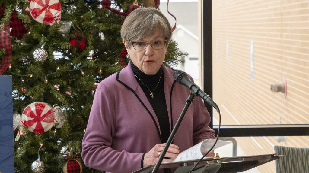 Gov. Laura Kelly unveils her new Medicaid expansion proposal during a news conference Thursday at Holton Community Hospital.