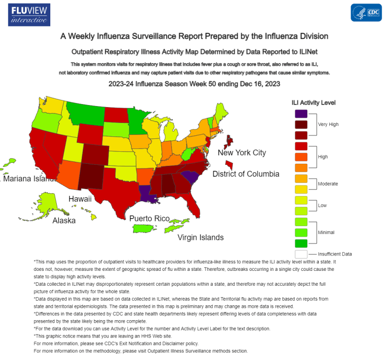 CDC map shows the level of respiratory illness by state the week prior, as of Dec. 16, 2023. (Courtesy: CDC)