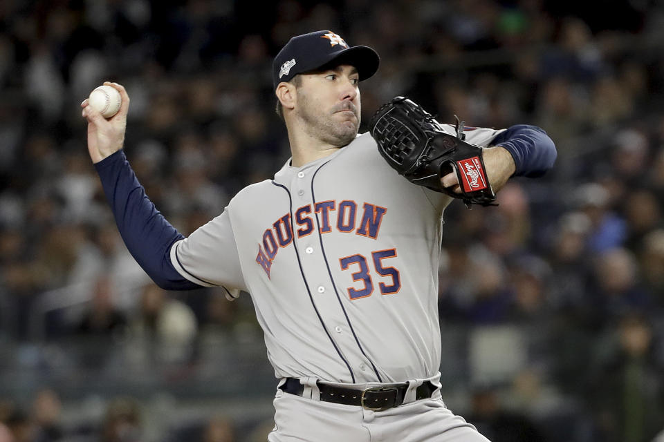 Houston Astros starting pitcher Justin Verlander (35) delivers against the New York Yankees during the second inning of Game 5 of baseball's American League Championship Series, Friday, Oct. 18, 2019, in New York. (AP Photo/Frank Franklin II)