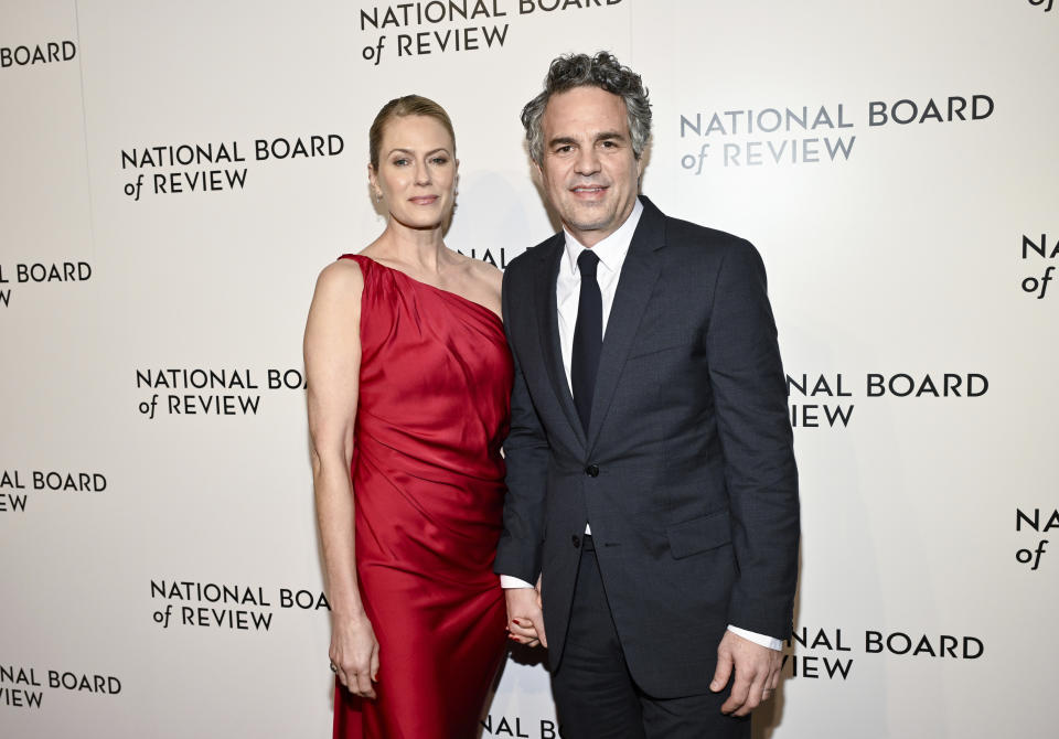 Best supporting actor honoree Mark Ruffalo, right, and wife Sunrise Coigney attend the National Board of Review awards gala at Cipriani 42nd Street on Thursday, Jan. 11, 2024, in New York. (Photo by Evan Agostini/Invision/AP)