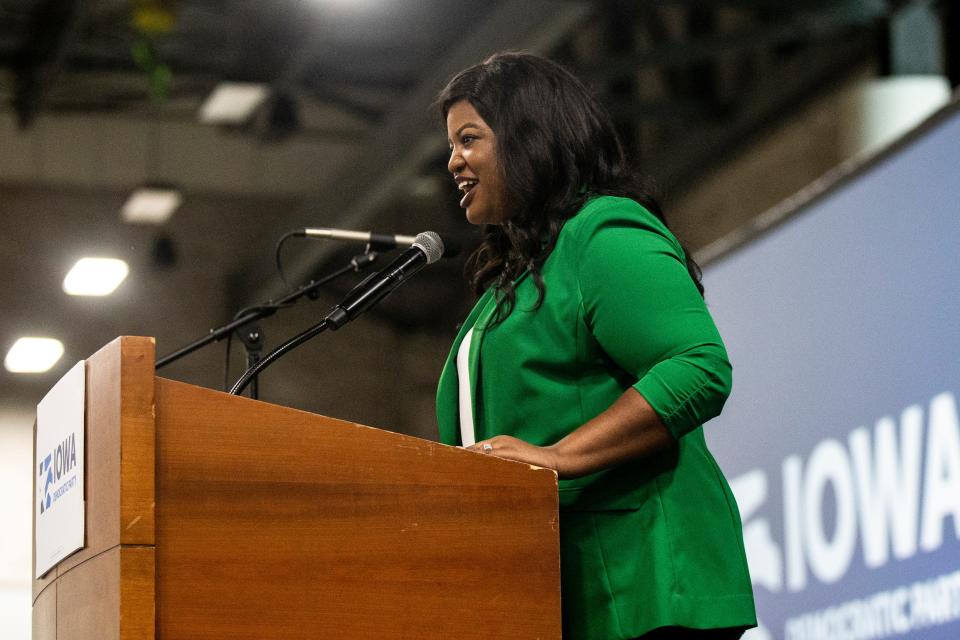 Democratic gubernatorial nominee Deidre DeJear addresses delegates to the Iowa Democratic Party State Convention at the Iowa Events Center Saturday, June 18, 2022 in Des Moines.