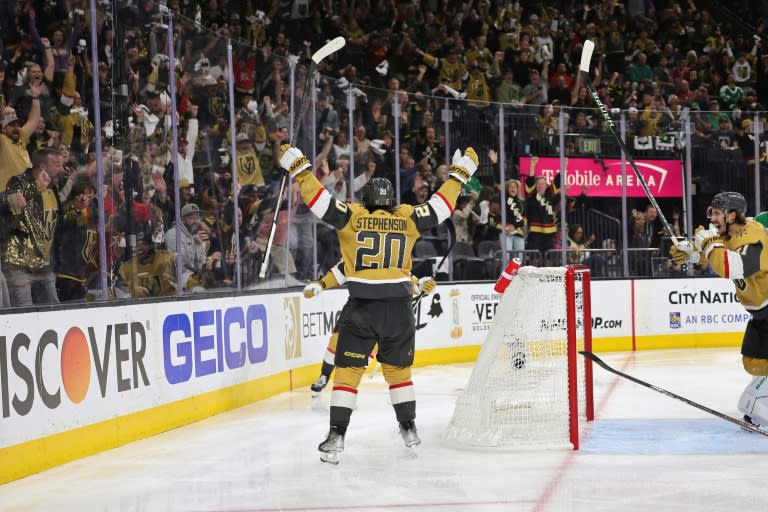 <a class="link " href="https://sports.yahoo.com/nhl/players/5768" data-ylk="slk:Chandler Stephenson;elm:context_link;itc:0">Chandler Stephenson</a> celebrates after his overtime winner clinches a 3-2 win for the <a class="link " href="https://sports.yahoo.com/nhl/teams/vegas/" data-ylk="slk:Vegas Golden Knights;elm:context_link;itc:0">Vegas Golden Knights</a> over <a class="link " href="https://sports.yahoo.com/nhl/teams/dallas/" data-ylk="slk:Dallas;elm:context_link;itc:0">Dallas</a> on Sunday