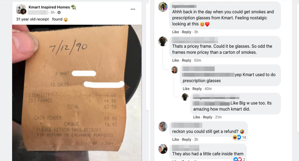 Screenshots from a Facebook post about the old receipt and some comments in response. Source: Facebook