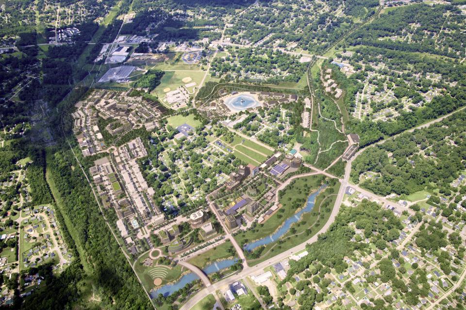This aerial shows On the Trail as imagined at final buildout, including plenty of community use space and roads that run around the project, connecting it to the nearby neighborhoods.