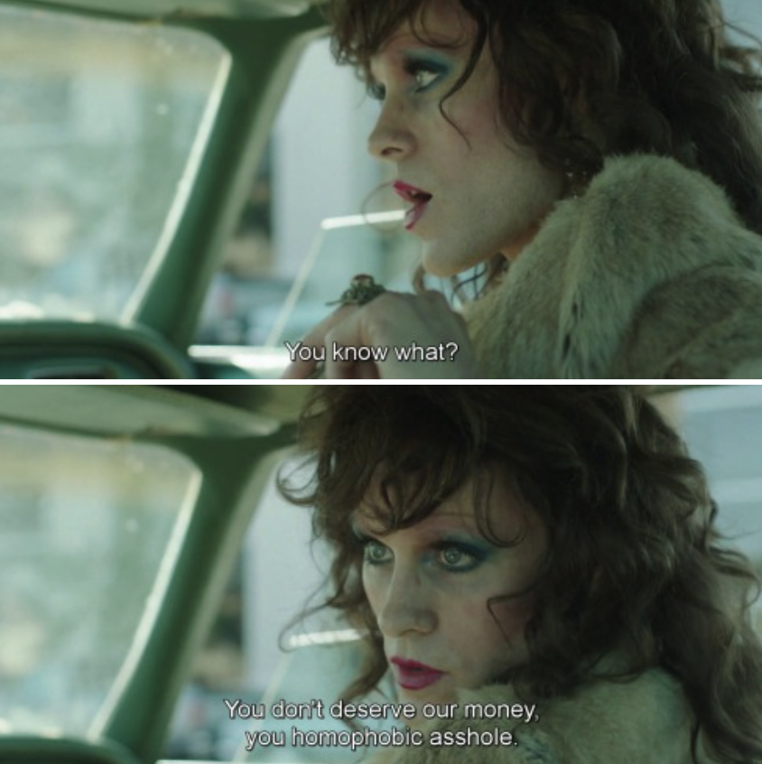 Rayon in a car saying: "You know what? You don't deserve our money, you homophobic asshole"