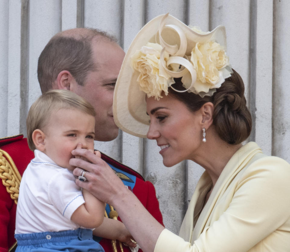 LONDON, ENGLAND - JUNE 08: Prince William, Duke of Cambridge with Catherine, Duchess of Cambridge and Prince Louis of Cambridge during Trooping The Colour, the Queen's annual birthday parade, on June 8, 2019 in London, England. (Photo by Mark Cuthbert/UK Press via Getty Images)