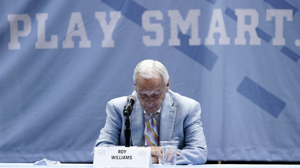 North Carolina Head Basketball Coach Roy Williams pauses while speaking with members of the media during a news conference, Thursday, April 1, 2021, in Chapel Hill, N.C. Williams is retiring after 33 seasons and 903 wins as a college basketball head coach. The Hall of Fame coach led the University of North Carolina to three NCAA championships in 18 seasons as head coach of the Tar Heels. (AP Photo/Gerry Broome)