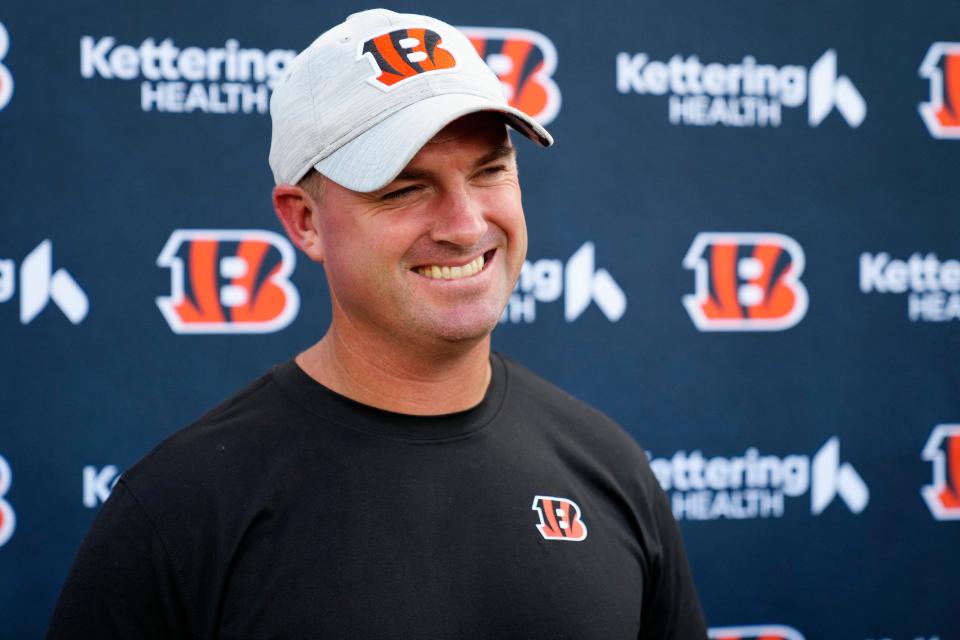 Cincinnati Bengals head coach Zac Taylor talks after a training camp practice at the Paycor Stadium practice fields in downtown Cincinnati on Wednesday, Aug. 17, 2022.