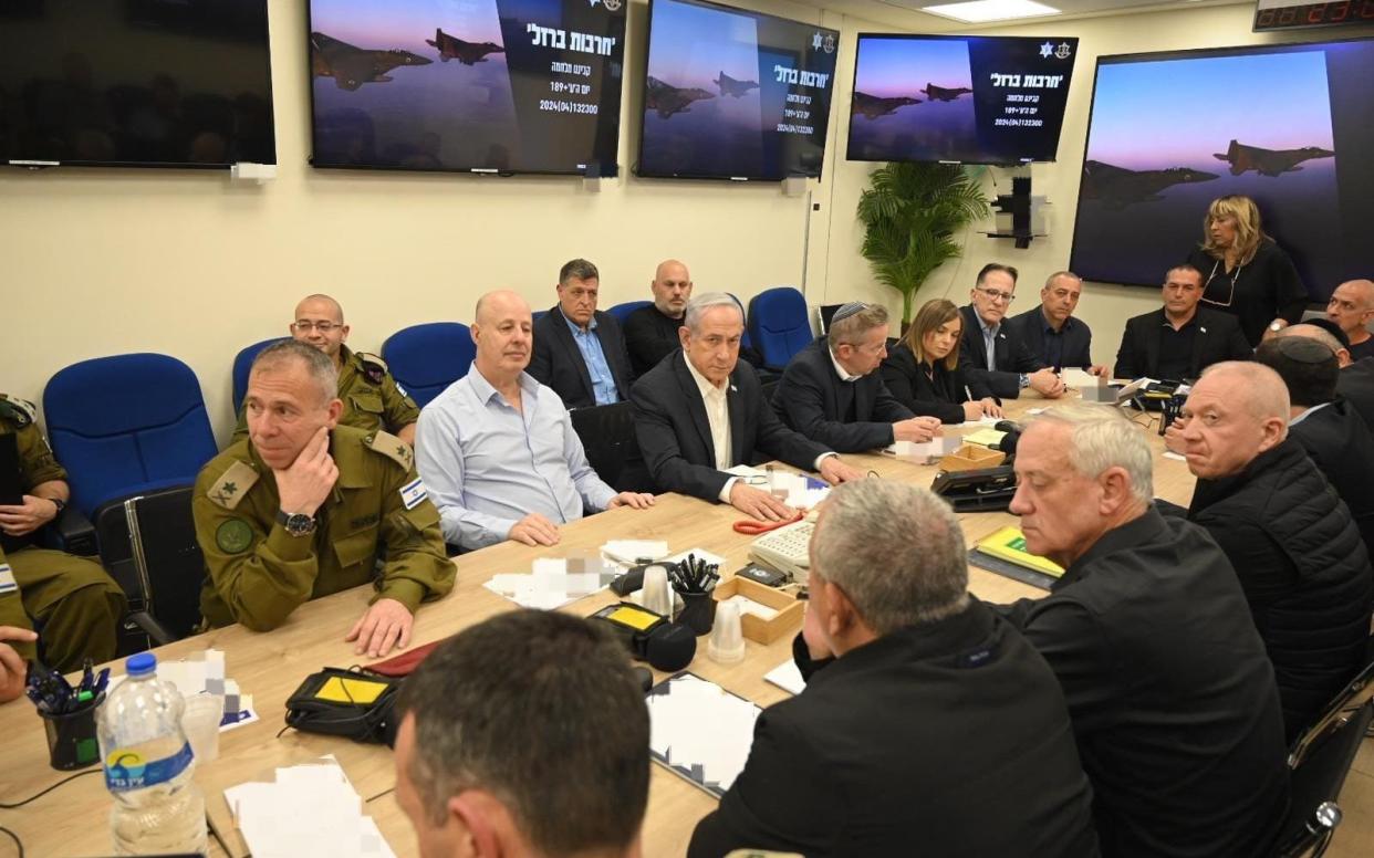 Netanyahu attending a meeting of wartime cabinet at Israeli Defense Ministry in Tel Aviv, Israel