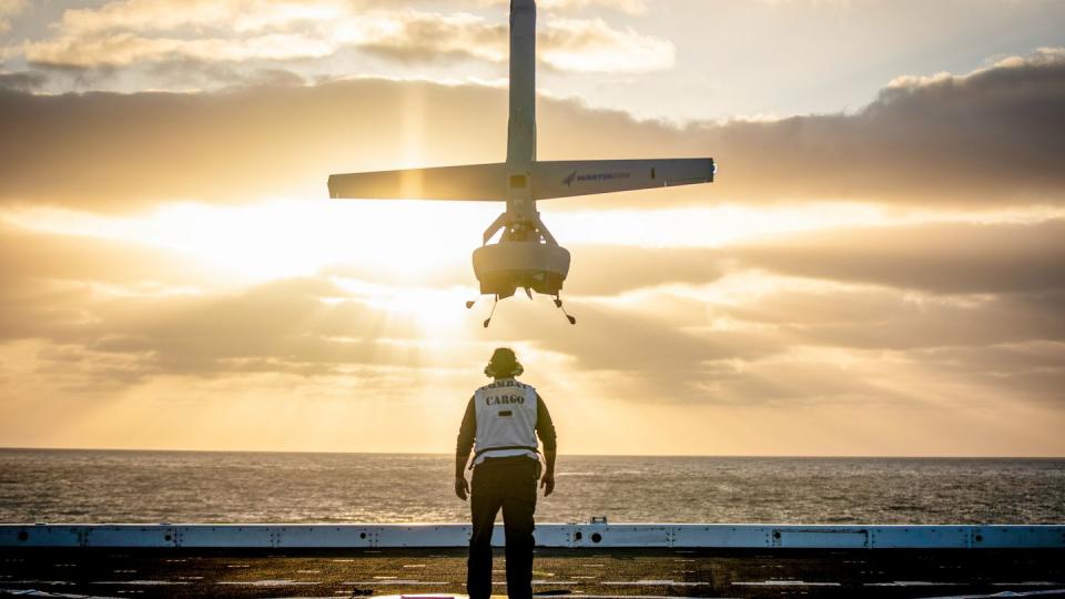 Shield AI's V-Bat takes off from the deck of a ship. (Photo courtesy of Martin UAV)