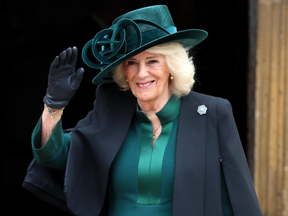 Queen Camilla leaves Easter Sunday service at St. George's Chapel on March 31, 2024.
