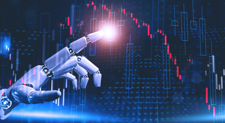 An image of a robot hand pointing toward a data graph