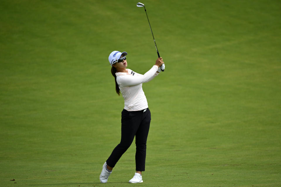 Sei Young Kim, of South Korea, hits on the 17th fairway during the third round in the Women's PGA Championship golf tournament at Congressional Country Club, Saturday, June 25, 2022, in Bethesda, Md. (AP Photo/Terrance Williams)