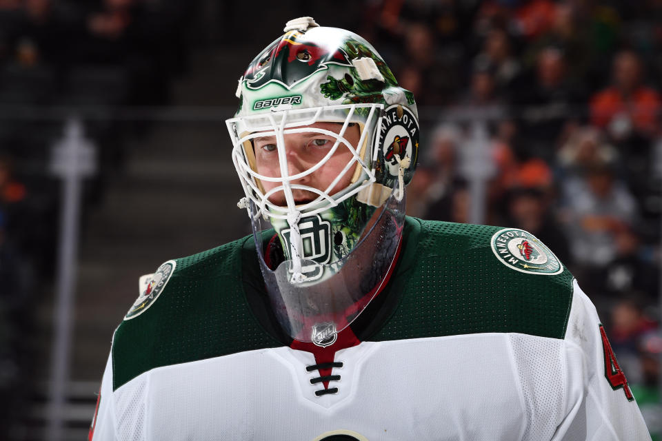 ANAHEIM, CA - MARCH 8:  Devan Dubnyk #40 of the Minnesota Wild skates during the game against the Anaheim Ducks at Honda Center on March 8, 2020 in Anaheim, California. (Photo by John Cordes/NHLI via Getty Images) *** Local Caption ***