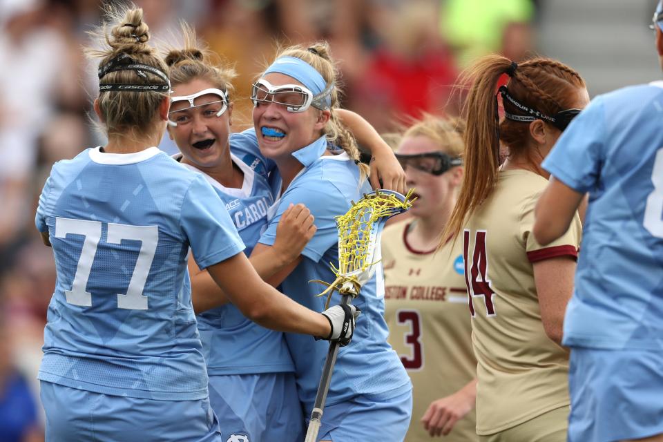 BALTIMORE, MARYLAND - MAY 24: Jamie Ortega #3 of North Carolina Tar Heels celebrates her goal with teammates against the Boston College Eagles during the first half of the 2019 NCAA Division I Women's Lacrosse Championship Semifinals at Homewood Field on May 24, 2019 in Baltimore, Maryland. (Photo by Patrick Smith/Getty Images)