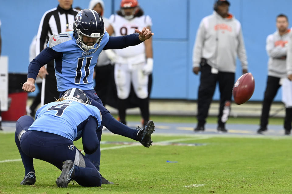 Tennessee Titans place kicker Caleb Shudak (11) kicks a field goal against the Cincinnati Bengals during the first half of an NFL football game, Sunday, Nov. 27, 2022, in Nashville, Tenn. (AP Photo/Mark Zaleski)