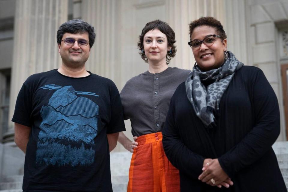 N.C.-based Wikipedia editors Gaurav Vaidya, Emily Jack and Danielle Colbert-Lewis pose for a portrait in Chapel Hill, N.C. on Thursday, Aug. 11, 2022.