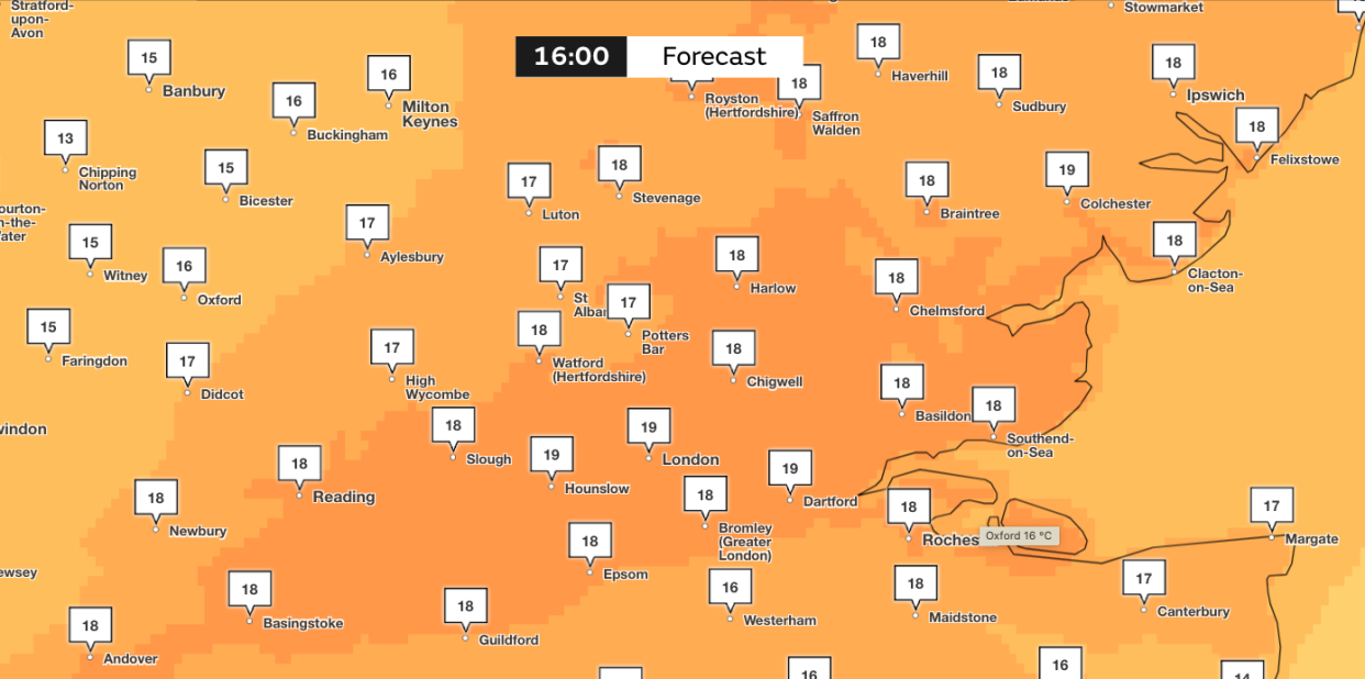 The South East will continue to be the warmest area of the UK at the weekend, with London and Colchester hitting 19C. (Met Office)