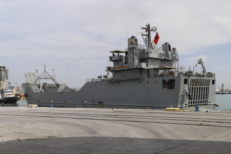 U.S. SP4 James A. Loux army vessel is seen at Albania's main port of Durres, Saturday, May 1, 2021. Florida National Guard's 53rd Infantry Brigade Combat Team were being discharged from the USNS Bob Hope ahead of a two-week training of up to 6,000 U.S. troops in six Albanian military bases, as part of the Defender-Europe 21 large-scale U.S. Army-led exercise. (AP Photo/Hektor Pustina)