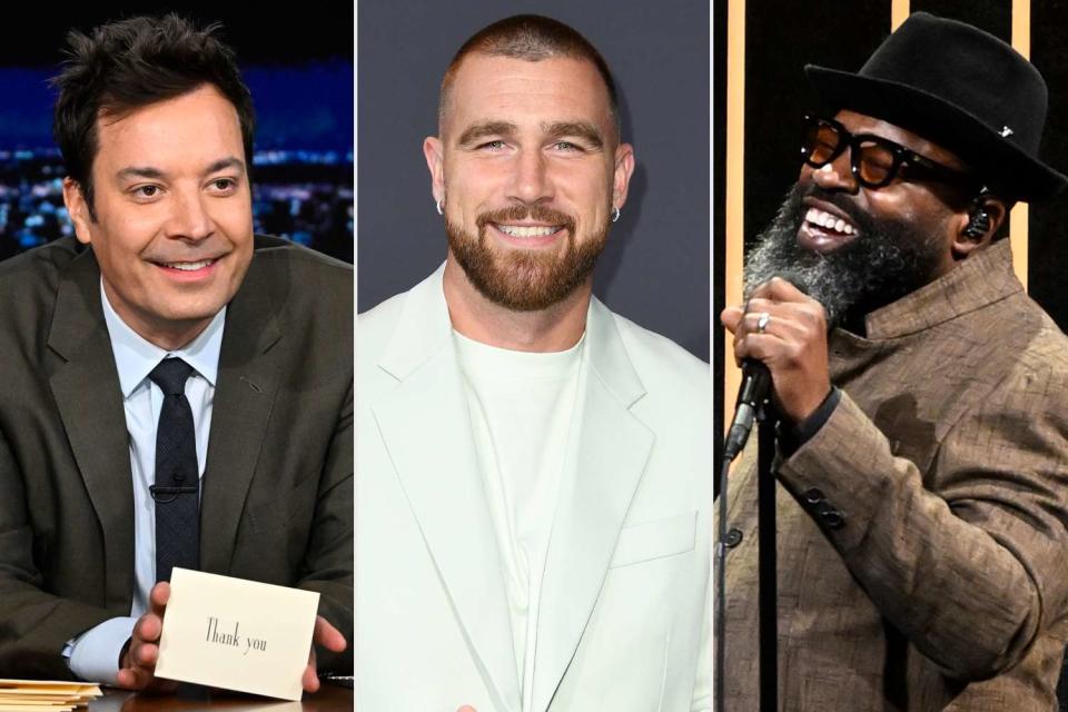 <p>Todd Owyoung/NBC via Getty ; JC Olivera/Getty; Todd Owyoung/NBC via Getty </p> Jimmy Fallon, Travis Kelce, Black Thought