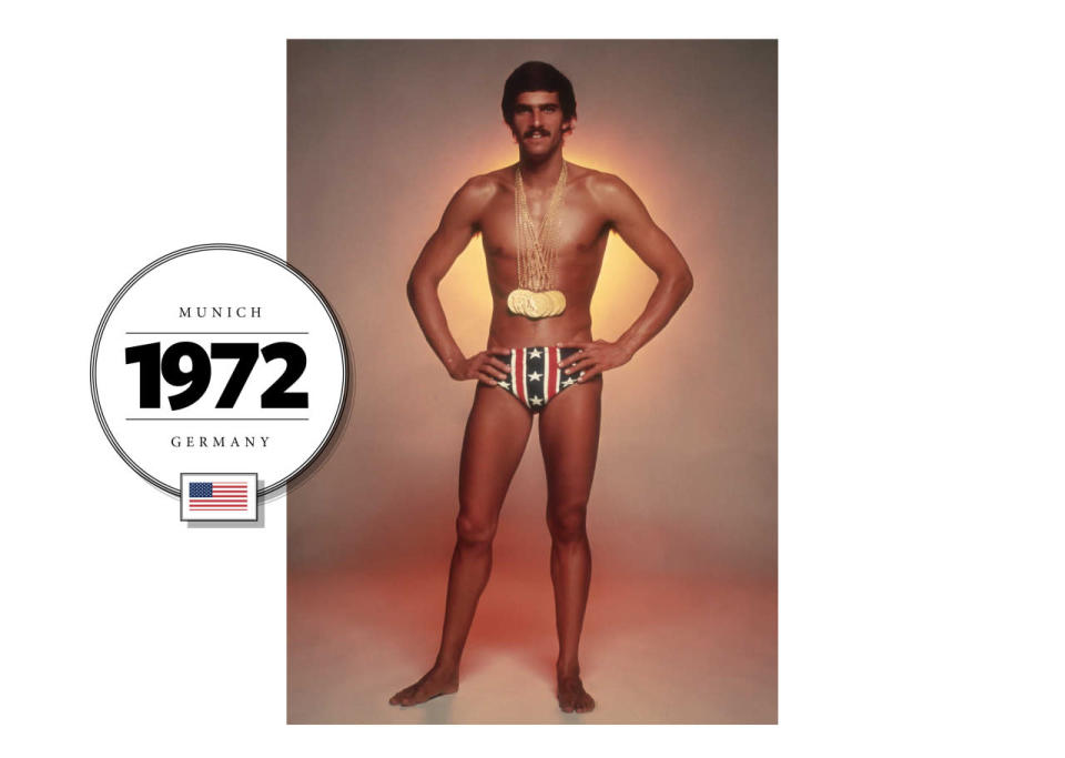 In 1972, athletes wore elastane suits for the first time (you may know the exceptionally elastic material better by the brand names Spandex or Lycra), and swimmers wearing the fabric set 21 out of 22 of the world records achieved in those Games. American Mark Spitz (above) set seven of them (and won seven golds).