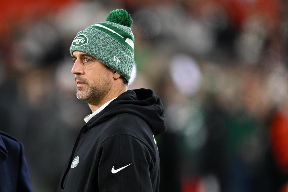 CLEVELAND, OHIO - DECEMBER 28: Aaron Rodgers #8 of the New York Jets looks on prior to a game against the Cleveland Browns at Cleveland Browns Stadium on December 28, 2023 in Cleveland, Ohio. (Photo by Nick Cammett/Diamond Images via Getty Images)