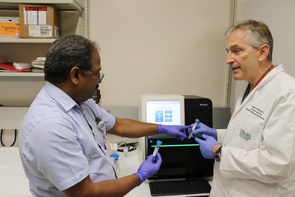 Dr. Michael J. Paidas, right, and Dr. Arumugam R. Jayakumar, left, collaborate at a UHealth lab. They were two of the authors of the UHealth study, ‘Maternal SARS-CoV-2, Placental Changes and Brain Injury in Two Neonates’ published on April 6, 2023.