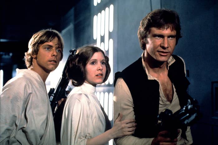 Mark Hamill, Carrie Fisher, and Harrison Ford in Star Wars: Episode IV — A New Hope